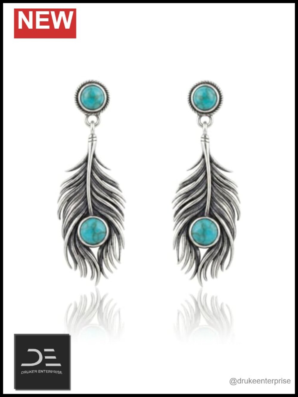Turquoise Feather Dangle Earrings Sterling Silver S925 Drop Western